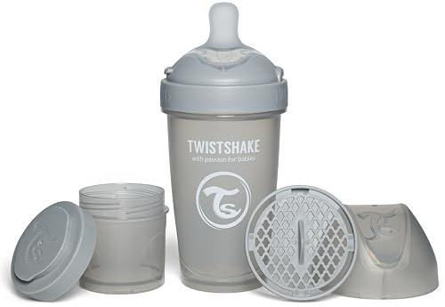 Twistshake Pro Double Anti-Kolik Babyflasche mit Milchpulverbehälter und Mixer - 260 ml | Silikon-Brustwarze mit mittlerem Durchfluss | BPA-freie Babymilchflasche | Geeignet für Babys ab 2m+ | Grau