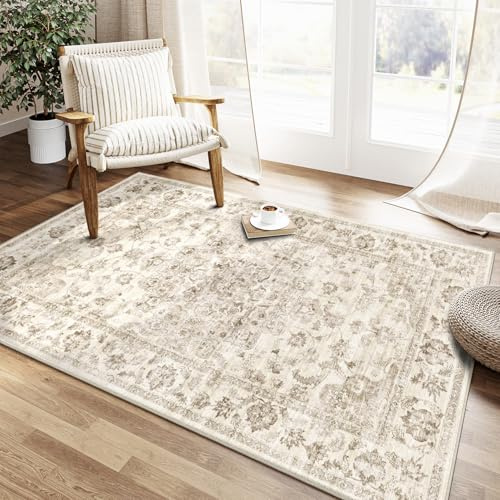 HUGEAR Vintage Teppich Wohnzimmer 80x150cm Beige Waschbar | Waschbarer Retro Teppich,Weich,Rutschfest Kurzflor,Groß,für Wohnzimmer,Schlafzimmer, Esszimmer,Büro,Carpet,Teppiche