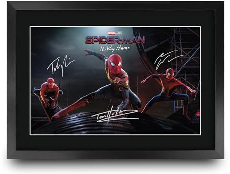 HWC Trading Spider-Man (No Way Home) Scene 3 Geschenke Geducktes Signiertes Autogramm Foto für Fans von Film Memorabilien - A3 Gerahmt
