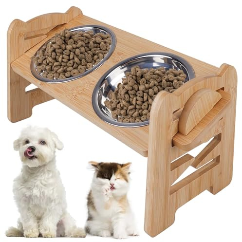Gamelle surélevée pour chien et chat en acier inoxydable, gamelle surélevée à 15 °, gamelle pour chien réglable en hauteur en bambou avec 2 gamelles en acier inoxydable pour chiens et chats de petite
