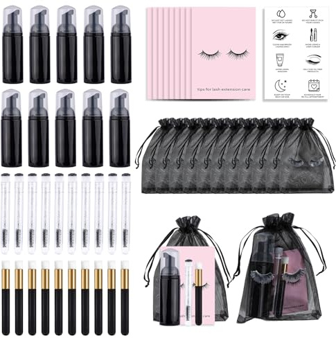 50PCS Bouteilles de shampooing pour cils Ensemble de brosses, Bouteille de shampooing pour cils vide, Brosse de nettoyage pour cils, Brosse à tube d'extension de cils, Cartes d'instructions (Noir)