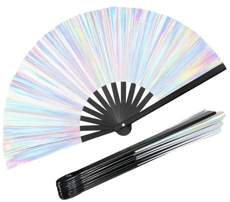 leruiyezs Rave Fächer Glitzer Holografisch Groß Faltbar Mit Lautem Klappgeräusch In Silber, Festival Fächer Für Tanz, Party, Club, Sommer, Bühnenauftritt Und Showeffekte Für Damen Und Herren