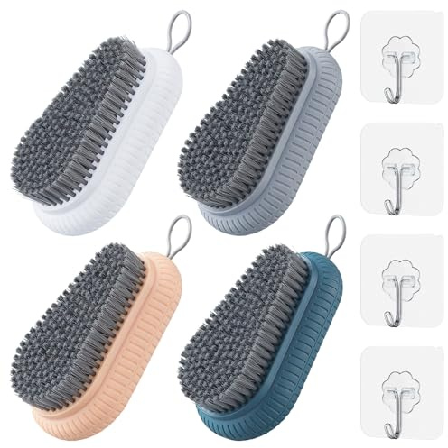 Handwaschbürste, 4 Stück Handbürste Nagelbürste mit Hängendem Seil | Handwaschbürste Nagelbürste mit 4 Kleberhaken für Schuhe Bad WC Waschbecken Werkstatt (Deep Blue Weiß Grau Rosa)
