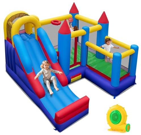 COSTWAY Hüpfburg mit Gebläse, Rutsche, Sprungbereich, Basketballkorb & Kletterwand, Bouncy Castle für Kinder, Innen- und Außenbereich, 340 x 335 x 233 cm