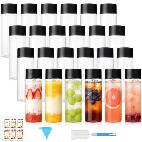JFBAOLAO 350 ml Clear PET Plastic Juice Bottles with Lids,Pack of 24 | Reusable, for Water,Juice, Milk, Smoothie, Homemade Beverages