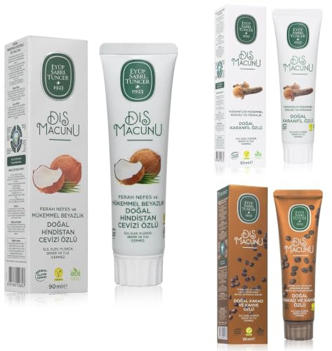 EYÜP SABRİ TUNCER Zahnpasta 3×90 ml: Kokos, Nelken, Kakao + OLIVOS Mini-Seife gratis