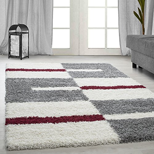 Carpetsale24 Hochflor Teppich 240 x 340 cm Rot-Grau – Weicher Shaggy Flokati im Karierten Design – XL Wohnteppich für große Räume wie Wohnzimmer, Essbereich oder Schlafzimmer – Pflegeleicht
