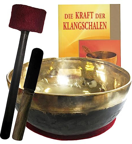 Klangschale Bengali gold-schwarz 5-tlg Klangtherapie-SET + BUCH. XL-BECKENSCHALE 2400-2600g ca. 28-30cm mit Kissen, Holz-Leder-Reibe- & Therapie-Klöppel. 70156