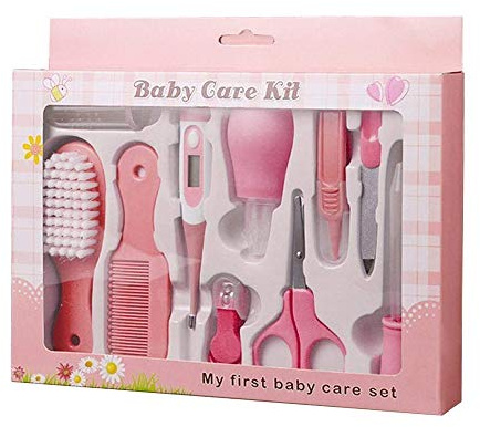 TEEROVA Baby Grooming Kit 10pcs Newborn Nursery Health care Set Baby Nail Clipper File Scissor Tweezer Thermometer Brush Comb (Pink)