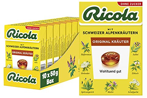 Ricola Original Kräuter, 10 Böxli Original Schweizer Kräuter-Bonbons mit 13 Schweizer Alpenkräutern & Menthol, zuckerfrei, 10 x 50g, vegan