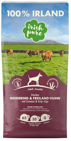 Irish Pure Trockenfutter Adult | 4kg | Weiderind & Freiland-Huhn mit Kelp-Alge | Hoher Fleischanteil | Getreidefrei | Sensitiv | Hundetrockenfutter | Hundefutter für alle Rassen