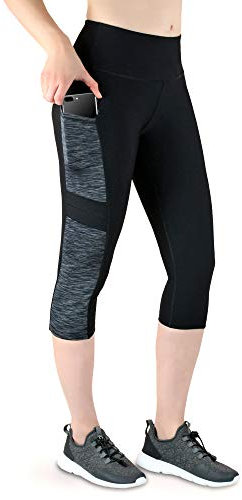 Variosports Sport Capri 3/4 mit 2 Seitentaschen für Handy, Schlüssel, Kreditkarte und Co. Fitness Sport Tights Schwarz Muster Yoga Hose Sporthose Jogging High Waist. Grey-Black-L