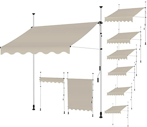 Klemmmarkise für Sonnenschutz Balkon, Markise Balkon ohne Bohren mit Handkurbel Terrasse, Markise UV-beständig höhenverstellbar, Sonnenschutz Wasserdicht Windschutz, einfache Montage 300cm, Beige