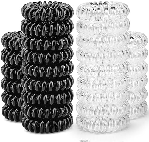 TailaiMei 30 Pcs Spiral Hair Ties, No Crease Coil Phone Cord Hair Ties for Thick Hair - Women Ponytail Holder Elastics(Black&Transparent)