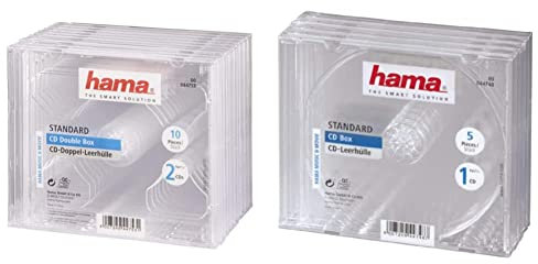 Hama 44753 Dual CD/DVD Jewel Double Case, 10 Pieces Per Pack - (2 Discs Capacity per Case) - Clear & 5 Jewel CD Cases (pack of 5), Protective CD Sleeves, Transparent
