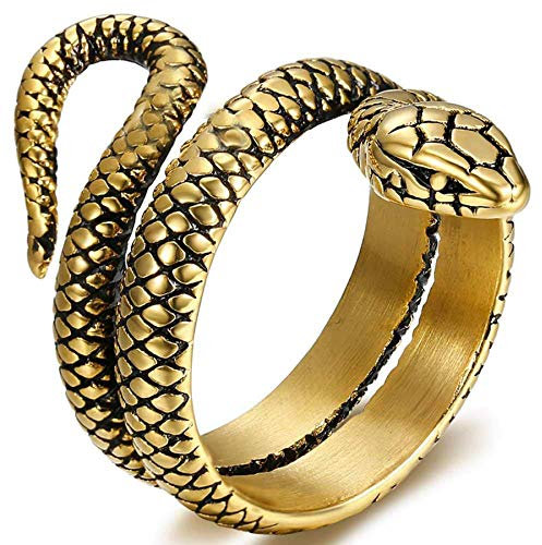 JewelryWe Schlange Ring Herren Edelstahl: Retro Herren-Ring Zweireihig Wickel Schlangenring Offene Fingerringe Punk Schlange Öffnung Band Gold Größe 62