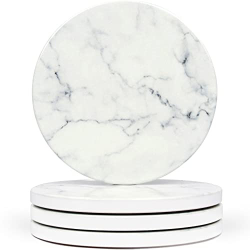 Naivasha Homeware Marmor-Untersetzer, 4er-Set, atemberaubende Keramik-Untersetzer in glänzender Oberfläche, Elegante Stein-Untersetzer mit Rutschfester Korkunterseite für Tassen und Gläser, weißer