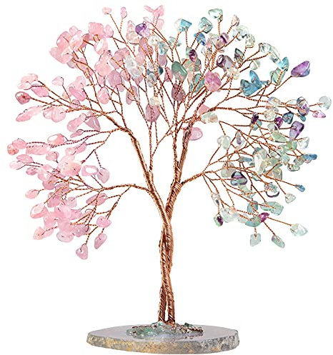 Nupuyai Fluorit & Rosenquarz Geldbaum mit Achat-Scheibenbasis, Liebesstein Baum Ornament Fengshui Figuren für Home Office Hochzeit Dekor