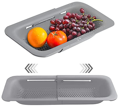 ANIUNIU Kitchen Expandable Colander, Over the Sink Colander Strainer Basket, Sink Colander Strainer Basket for Wash Vegetables and Fruits, Drain Cooked Pasta and Dry Dishes - Grey