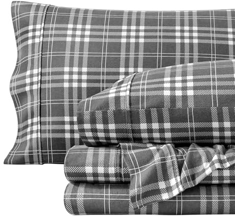 Bare Home Cotton Flannel Sheet Set Prints, Bed Linen Set, Double Brushed Flannel for Extra Softness & Comfort, 4 Piece, Queen, Stirling Plaid - Grey/White