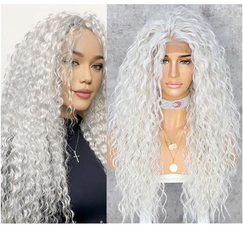 Sapphirewigs Curly Lace Front Perücke Platin Blonde Synthetische Perücken für Frauen 13x3 Tägliche Tragen Party Weihnachten Halloween Hitzebeständige 26 inch