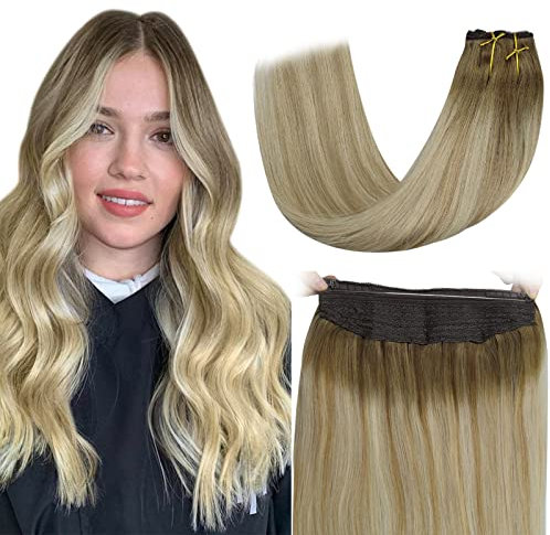 Fshine Unsichtbare Draht Extensions Echthaar Mittelbraun mit Übergang zu Honigblond und Blond 40cm 80g Fish Line Extensions Echthaar mit Gummiband Farbe 6 27 60