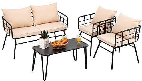 COSTWAY 4 Piece Garden Furniture Set, Patio Conversation Set with 1 Loveseat, 2 Bistro Chairs and 1 Table, Steel Frame Outdoor Table Chairs Sectional Cushioned Sofa Set for Balcony Backyard Poolside