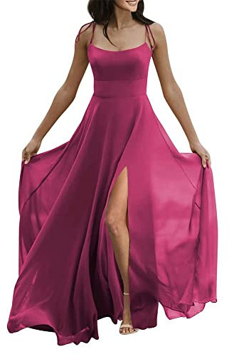 HPPEE Vestidos de dama de honor de boda, tirantes delgados, largos de gasa, sin mangas, vestidos de fiesta para mujer, fucsia, 56