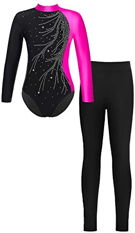 iEFiEL Mädchen Turnanzug Langarm Glitzer Gymnastik Kleidung Set Ballett Trikot Langarmbody mit Lange Hose Kinder Gymnastikanzug Z Rose + Schwarz 146-152