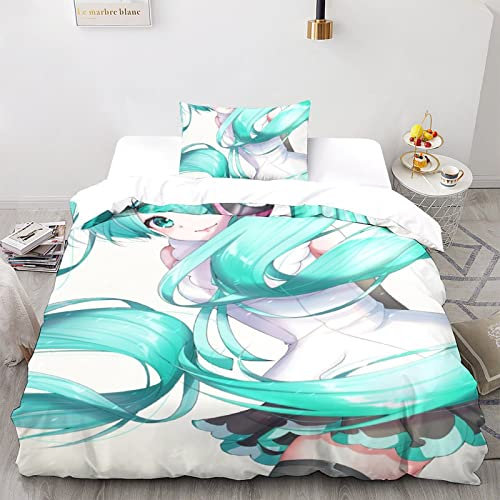 CPSUN Hatsune Miku Bettwäsche Set,Bettwäsche Bettbezug 3D Bettbezug,Drucken 3Teilig,Microfaser Super Weiche Atmungsaktive Tröster Set Single（135x200cm）