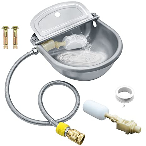 Automatic Animal Drinking Water Bowl, 304 Stainless Steel Waterer for Dog Horse Goat Pig Cow, Livestock Water Trough Dispenser with Pipe Hose, 2 Float Valves, Quick Connecter, Expansion Bolt