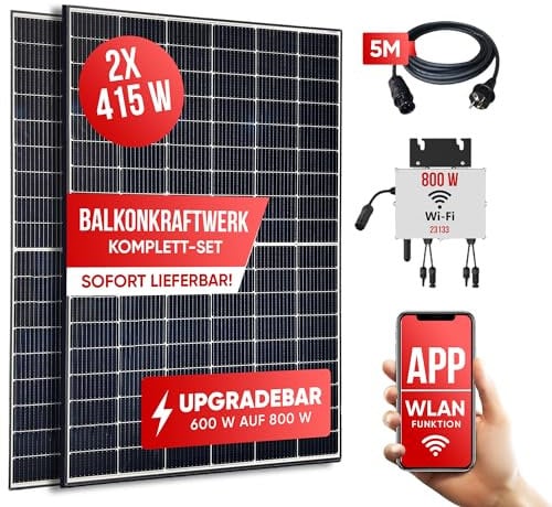 Jet-Line | Balkonsolaranlage | 830W Module | 800W/600W Wechselrichter drosselbar per App | Balkonkraftwerk komplett Steckdose | Komplettset | Photovoltaikanlagen |