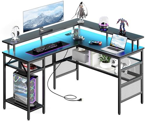 Yornoli L Shaped Gaming Desk with Led Lights&Power Outlet, 140cm Corner Gaming Desk for Home Office Computer Desk with Monitor Stand & Storage Shelves, Black