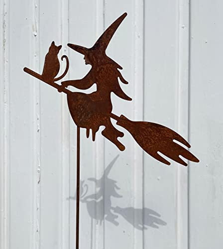 Gartenfigur Hexe mit Katze auf Besen fliegend 35x40cm + Stab Gartenstecker Edelrost Gartendeko Wetterfest Rost Metall Rostfigur Halloween Figur von Steinfigurenwelt