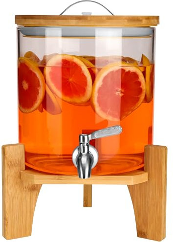 Belle Vous Dispensador de Bebida con Grifo - Garrafa de Cristal de 5L de Boca Ancha con Tapa y Soporte de Bambú - Tarro para Agua Zumos Refrescos y Bebidas Frias y Calientes