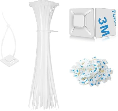 ieron 100 fascette bianche per cavi, 100 supporti adesivi, multiuso, in nylon, con base di supporto, cuscinetti adesivi, per fai da te, casa, ufficio, officina