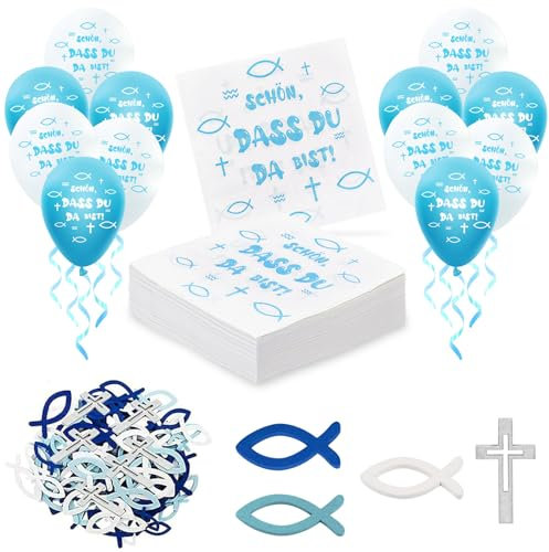 Keaistar Kommunion Deko Junge, Kommunion Taufe Tischdeko Konfirmation Deko Blau mit 40 Konfirmation Servietten Fisch+60 Holz Fische Deko+12 Luftballons+1 Rolle Band, für Taufe Kommunion Konfirmation
