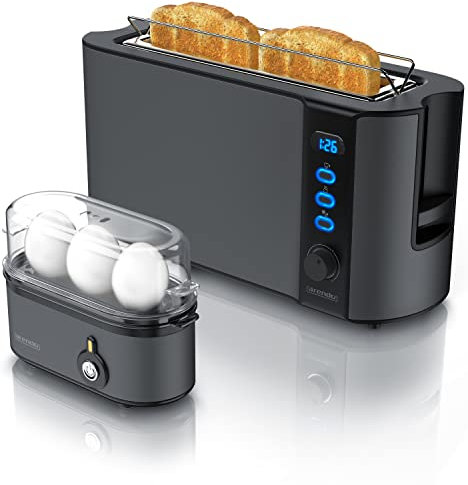 Arendo Set Ensembles grille-pain FRUKOST et cuiseur à oeufs THREECOOK Inox Cool Grey, Toaster 2 tranches écran LED 6 degrés de brunissage, Cuiseur à oeufs 1-3 oeufs, verre doseur