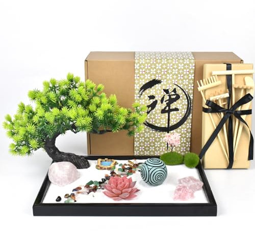 Artcome Japanischer Zen-Sandgarten für den Schreibtisch, Zuhause, Büro-Schreibtisch-Zubehör, handgefertigtes rechteckiges Tablett für Meditationstherapie, achtsames Entspannungs- und