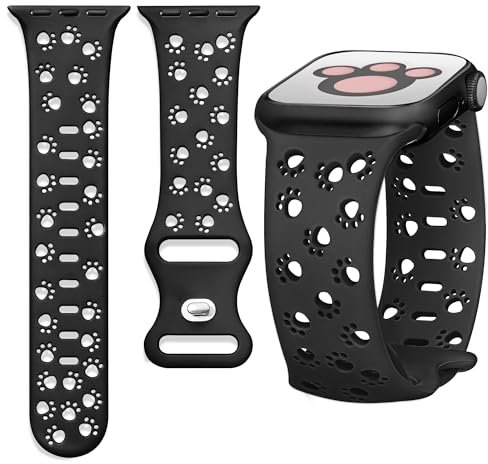Ocaer Kompatibel mit Apple Watch 49mm 46mm 45mm 44mm 42mm, Weiches Silikon iWatch Armband für Apple Watch Ultra 2/1 Series 10 9 8 7 6 5 4 3 2 1 SE, Katze Hund Pfote Sport Band Damen(Schwarz)