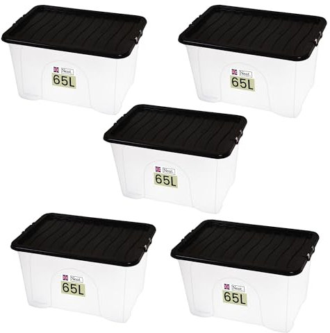 Neat. Plastics 65L Heavy Duty Storage Box, Clear Base, Black Lid - Organise Easily with Plastic Storage Box with Lid, Ideal Clear Boxes for Storage, Durable Plastic Boxes with Lids Storage, Pack of 5