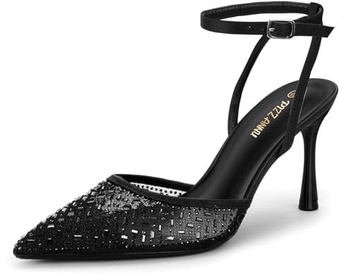 PIZZ ANNU Tacchi Donna Sexy Decollete a Punta Chiusa Scarpe con Tacco Tacchi a Spillo con Strass Sandali con Cinturino alla Caviglia Nero EU 37