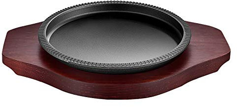 YISHUOYZBS Plato de hierro fundido para servir carne con soporte de madera, redondo, de madera, platos calientes y chisporroteantes, 25 cm