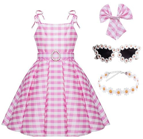 VNNOPG Costume de déguisement de princesse pour fille - Rose - Costume de film cosplay - Robes - Robe à carreaux rose - Tenues pour enfants - Halloween avec accessoires (140)