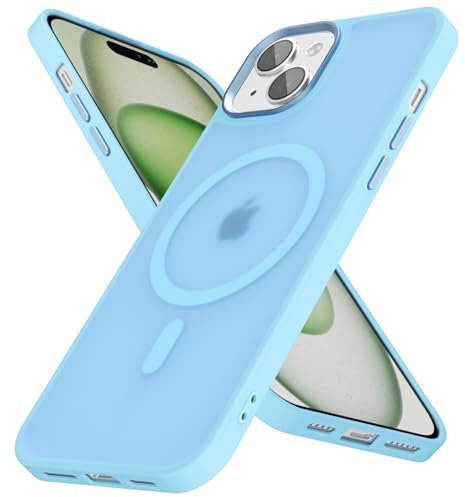 oakxco Magnetic Case for iPhone 15 Phone Case Compatible with Magsafe, Slim Thin Clear Hard Shell Plastic & Silicone Rubber Bumper, Transparent Cute Mag Safe Cover for Women Girls, Light Blue