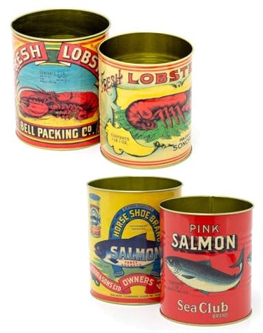 Carousel Home Set Of 4 Retro Style Vintage Lobster & Salmon Storage Tins | 4 Piece Replica Food Tins Decorative Tinned Fish Cans | Metal Storage Tins