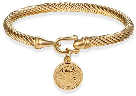 Cupimatch Armband Edelstahl Religiöse Armspange: Kabel Armreif Damen Herren Armband Exorzismus Heilige Schmuck Geschenk für Frauen Männer zu Geburtstag Valentinstag Gold