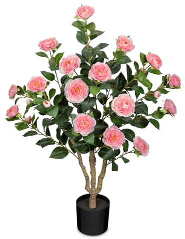 Arborus Künstlicher Blütenbaum, 90 cm, rosa, künstlicher Kamelienbaum im schwarzen Topf, große Zimmerpflanze, hohe künstliche Pflanze, realistische dekorative künstliche Bäume für Zuhause, Büro