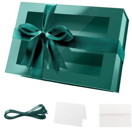 PKGMAGIC Große Geschenkbox, grün, 35,6 x 24 x 11,4 cm, leere Geschenkbox mit transparentem Fenster, leere Geschenkbox, magnetische Geschenkbox und Band für Geburtstag, Hochzeit (glänzend)