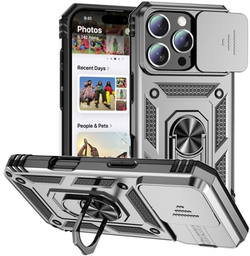 Hitaoyou Phone Case for iPhone 16 Pro Max, iPhone 16 Pro Max Case with Camera Cover & Kickstand Military Grade Shockproof Heavy Duty Protective with Magnetic Car Mount Holder Cover Silver